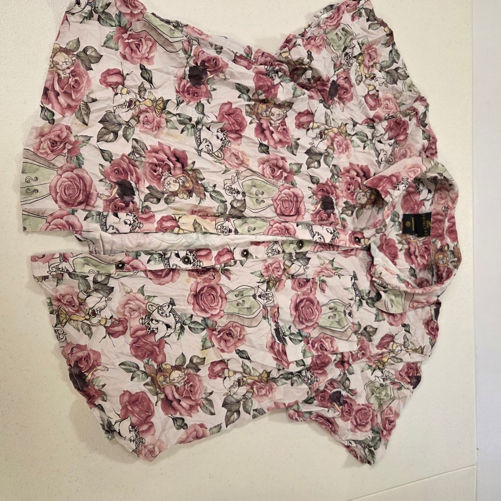Disney Princess Beauty and the Beast Rose Floral Button Up Shirt XL Belle Pink